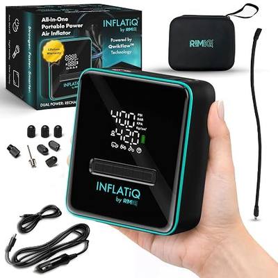 INFLATiQ by RIMiQ Portable Tire Inflator Air Compressor – Twice as Fast QwikFlow Technology with Auto Shut-Off – 11.1V Rechargeable Air Pump with Metal Gears and Premium Carry Case