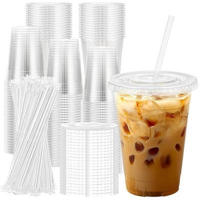 Lamosi 100 Pack 16 oz Clear Plastic Cups with Lids and Straws | Disposable Plastic Cold Cups for Iced Coffee, Smoothies, Parties, Picnics, Office Drinks, Light To-Go Use and Easy Cleanup