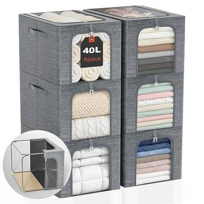 GoMaihe Clothes Storage Bin with Metal Frame: 6-Pack Stackable Closet Storage Bin with Lid & Clear Window, Sweater Boxes Storage for Closet Bedding Clothing Storage Organizer 40L