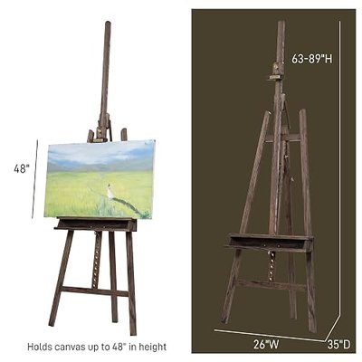 American Oak Inclinable Studio Art Easel, Hold Canvas up to 48”, Deluxe Wooden Large Adjustable A-Frame Lyre Style Floor Painting Easel Stand with Storage Tray, Grey Walnut Finish