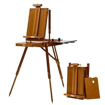 ATWORTH French Easel for Painting, Deluxe Beech Wooden Field & Studio Sketchbox Easel Stand with Metal Side Tray, Portable& Easy Transport for Painting Outdoor, Holds Canvas up to 34"- Light Walnut