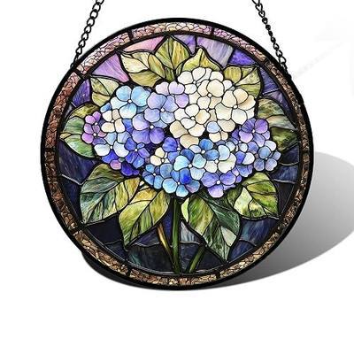 DASTOLL Stained Glass Window Hanging, Hydrangea Flowers Sun Catchers Diamond Glass Panel Hangings Plant Suncatcher Decor for Birthday for Women, Men, Wife, Aunt, and Mom 6.3 in