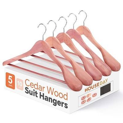 HOUSE DAY Wide Shoulder Cedar Hangers for Suits and Coats with Non Slip Pant Bar,360° Swivel Hook, Smooth Finish Cedar Wood Hangers for Closet, Closet Essentials, 5 Pack