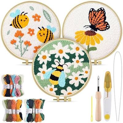 TINDTOP Punch Needle Kits, Flowers Punch Embroidery Kits for Adults | 3 Sets, Tool with Punch Needle Fabric, Hoops, Yarns and Sewing Needles