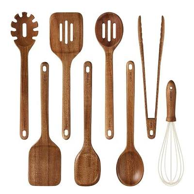 CAROTE Wooden Utensil Set, 8-Piece Acacia Wood Cooking Utensils | Nonstick Cookware Friendly, Durable, Heat-Resistant, Cool-Touch Handles, Hanging Loops, Everyday Kitchen Essentials
