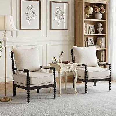 DUHOME Linen Fabric Spindle Accent Chairs Set of 2,Bobbin Chair with High Resilience Spring Cushion and Armrest Pads, Leisure Armchair for Living Room Bedroom Farmhouse Home Office Belcony