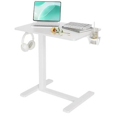 Claiks Mobile Standing Desk with Cup Holder Overbed Table 25.5" White | Cup Holder, Rolling Adjustable Desk, Hidden Wheels, Gas Spring Lift, Side Hook, Easy Assembly, Hospital Use