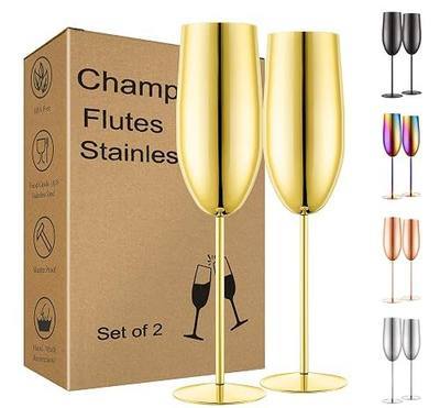 UNISWEET Stainless Steel Champagne Flutes Set of 2-Unbreakable Metal Long Stem Champagne Glasses-Engagement Gifts for Women-8.5 oz Modern Toasting Flutes-Wedding Flutes for Bride and Groom (Gold)