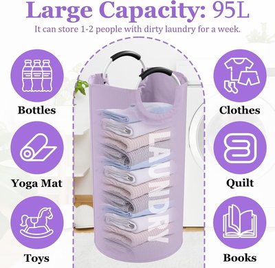 95L Folding Laundry Basket, Large Laundry Hamper with Handles, Portable Dirty Clothes Hamper, Independent Storgae Basket for Bathroom, Living Room, Dorm, Purple