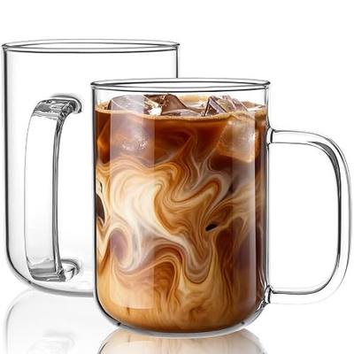 Glass Coffee Mugs, 20 oz Ice coffee cups, Large Clear Tea Cups Set of 2, Glass Mugs with Handles, Glass Cups for Latte, Cappuccino, and Tea