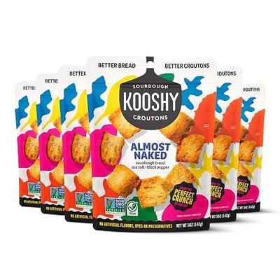 Kooshy Sourdough Croutons | Sea Salt & Black Pepper | Vegan | 5 Oz, 6 Pack | Croutons for Salad | Sea salt and black pepper; plant-based | non-GMO | crispy, crunchy toppers | for soups or as a snack