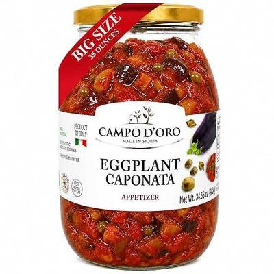 CAMPO D'ORO Sicilian Eggplant Caponata, Appetizer, Big Jar, 34.5 Oz (980 g) | Sicilian Recipe for Antipasto, Side Dish or Pasta with Eggplant, Tomato, Onion, Celery, Olives and Capers, Product of Italy
