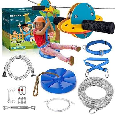 120FT Zip line Kits for Backyard, UFO Ziplines for Kids and Adults | Included Swing Seat, Ziplines Brake, and Steel Trolley, Instruction Manual, Gift Package