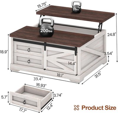 Itaar 39.4'' Lift Top Coffee Table with Storage, Farmhouse Coffee Tables for Living Room, Square Coffee Table with Large Hidden Compartment & 2 Drawers & Adjustable Shelves, Vintage White+Walnut