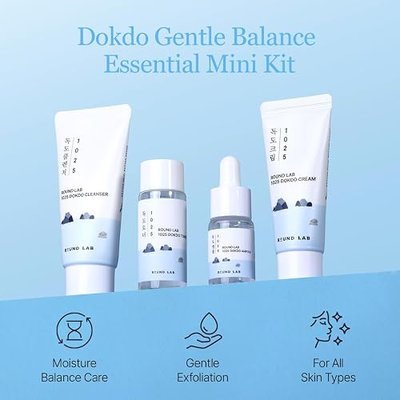 ROUND LAB 1025 Dokdo Hydrating Mini Kit 4-Step Skincare Set | Daily Skin Care Trial Kit (Cleanser, Toner, Ampoule, Cream), Deep Hydration for Dry Skin, Travel Size, Korean Skin Care Set