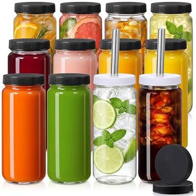 12 Pack 16OZ Glass Juice Bottles with 12 Airtight Lids & 2 Straw Lids & 2 Straws - Freezable Juice Container, Travel Juicing Jars, Drinking Water Cups - Reusable Tall Jar for Tea, Juice, Smoothies