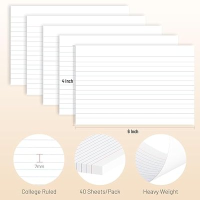 200 Pcs Index Cards 4 x 6 Inch Ruled White Index Cards, College Ruled Flash Cards for School, College, Office and Home Organization, Durable Study To Do List Note Cards with Ruled Lines, 5 Pack of 40