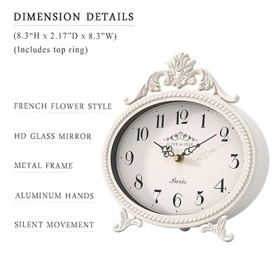 Abdurey Vintage Table Clock,Antique White French Rustic Style Mantel Clock | Desk and Shelf Rustic Decorative Clocks for Living Room,Farmhouse,Bedroom, Bedside,Gift Clocks