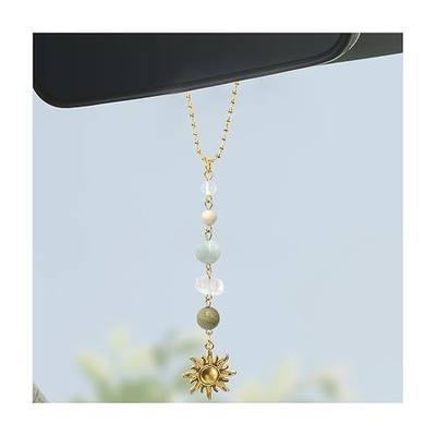 Sun Hanging Car Charm, Rear View Mirror Cute Boho Dangling Sun Car Decor Hanging Ornament, Handmade Healing Natural Crystals Stones Sun Catcher Mirror Pendant for Women Men (Green)