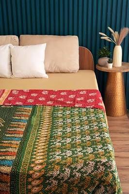 Handmade Cotton Vintage Kantha Quilt Boho Reversible one-of-a-Kind Kantha Throw Bedspread (Queen 108" x 90")