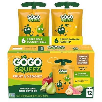 GoGo squeeZ No Sugar Added Fruit & veggieZ Applesauce and Puree Variety Pack, Apple Pear Zucchini Lime and Apple Banana Parsnip, 3.2 oz Pouches (Pack of 12), Fruit Snacks for Kids, Gluten Free, Nut Free, Recloseable Cap, BPA Free