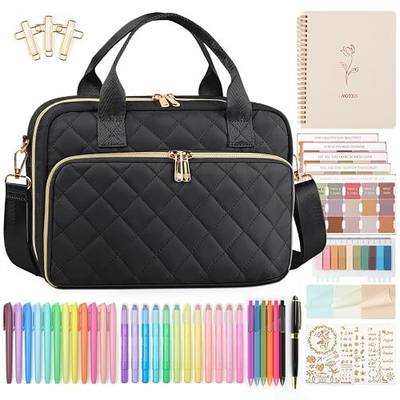 Quilted Bible Cover Case for Women with All-in-One Bible Journaling Kit | Large Bible Bag with 31 Highlighters, 75 Tabs, Bible Study Supplies, Christian Gift for Women, Teens(Shoulder Strap, Black)