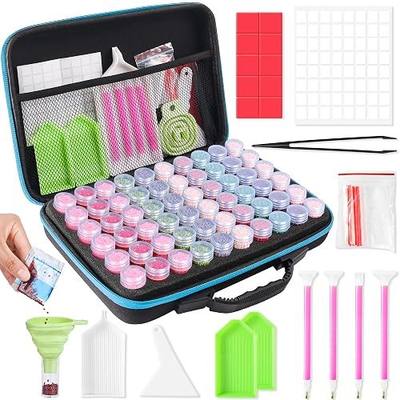 MERATIA 60 Slots Diamond Painting Storage Containers with Accessories, Portable Diamond Art Storage Case with Screw-On Lids for Adults,3 Trays, Carrying Handle-Gift for Painters (Blue, 60 Jars)