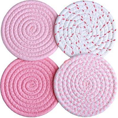4.8 Inch Drink Coasters Set of 4, Large Fabric Cotton Coasters, Cute Girly Absorbent Handmade Woven Coaster, Minimalist Boho Table and Desk Decor, Posavasos for Cups, Gift for Women (Colorful Pink)