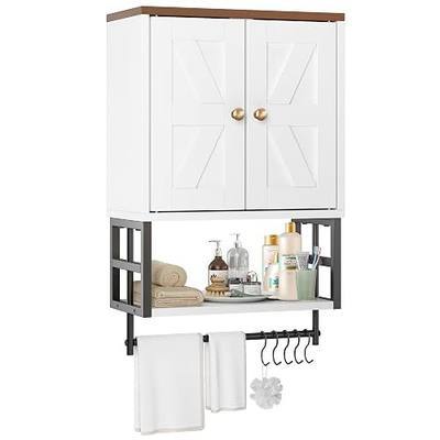 Bathroom Wall Cabinet, Farmhouse Medicine Storage with Towel Bar, White | 2 Doors & Adjustable Shelves 5 Hooks, 3-Tier for Over-Toilet, Laundry, Living, Bedroom, Kitchen, Space Saving