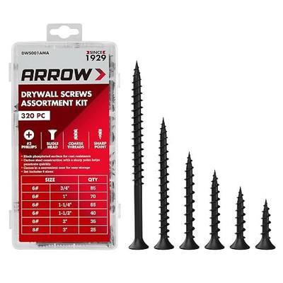 Arrow Drywall Screws Assortment Kit, 320pcs #6 & #8 Black Wood Screws | #2 Phillips Bugle Head, Coarse Thread, Sharp Tips, Drywall, Wood, Soft Metal