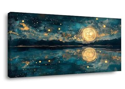 Moon Sea Ocean and Stars Canvas Wall Art -Moonrise at Sea Night Landscape Scene Printing, Blue & Gold Abstract Nature Artwork for Living Room, Bedroom & Coastal Home Décor, Ready to Hang 40L" x 20W"