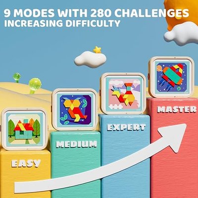 Wooden Magnetic Pattern Blocks Set with Cards, 288 PCS Montessori Tangram Puzzle Learning Toys for Toddlers 4-8, Educational STEM Gift for Kids Boys Girls 4 5 6 7 8