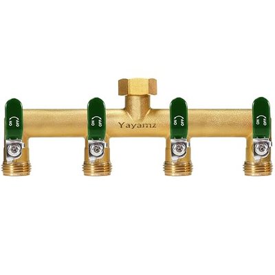 Garden Hose Splitter, 3/4” Rust and Freeze Resistant Outdoor Hose Manifold with 4 green Extra Long Handles Faucet Adapter-Heavy Duty Brass 4-Way Valve