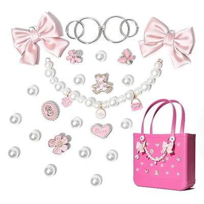 Fabric Bow Charms for Rubbet Totes Women, Pearl Chains, Accessories Charms Compatible with Bogg Bag, Insert for Beach Bags