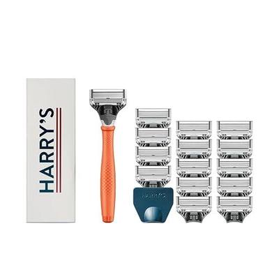 Harry's Original Shaving Kit for Men - Razor Handle, 15 Razor Blade Refills, and Travel Blade Cover - German Engineered - Orange