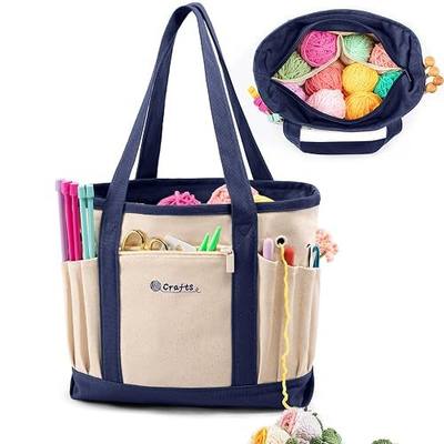 MYBAGZING Canvas Yarn Storage Organizer Bag Washable Crochet Bag with Pockets for Yarn, Hooks, Needles – Travel Knitting Tote for Crafters – Gift for Crocheters & Knitters (Medium/Large)