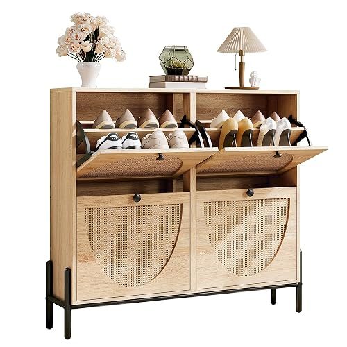 IRONCK Rattan Shoe Cabinet Storage with 4 Flip Drawers, Freestanding Shoe Storage Organizer Cabinet for Entryway, Narrow Shoe Rack Cabinet, Oak