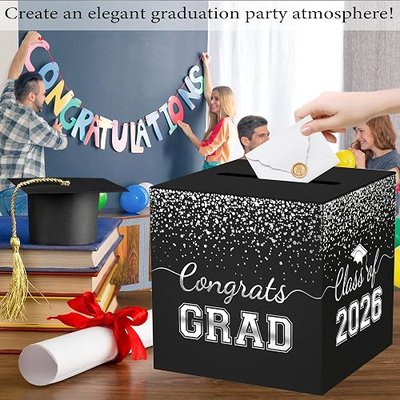 WNINK Graduation Card Box, 2026 Graduation Party Decorations, Foldable Money Card Boxes & Gift Card Boxes Holder, Black & Silver Foil Design for Grad Parties