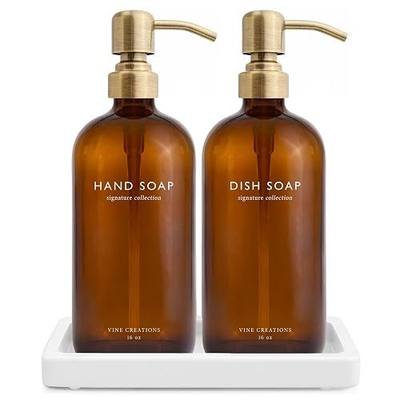 Vine Creations Amber Glass Soap Dispenser Set, Kitchen Soap Dispenser Set with Ceramic Tray, 16 oz Dish Soap and Hand Soap Dispensers with Stainless Steel Pump Decor (Amber Bottle/Brushed Brass)