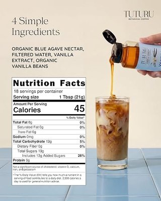 Vanilla Bean Agave Simple Syrup for Coffee & Cocktails - Sweetened with Organic Agave Nectar - Infused with Real Vanilla Bean - 13.5 oz