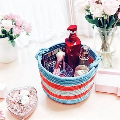 Bellar Small Rope Basket,Shelf Storage Baskets for Organizing,Cute Rainbow Storage Basket,Round Decorative Box for Kids,Woven Rope Storage Snack Storage Area Decorative Boxes Aesthetic -9.4’’*7.1’’