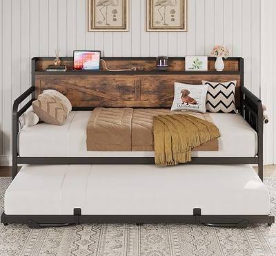 LIKIMIO Twin Daybed with Pop Up Trundle & Charging Station & Storage Shelf | Pop Up Trundle with Smooth Wheels, Strong Supports for Apartment and Small Space, Industrial Brown