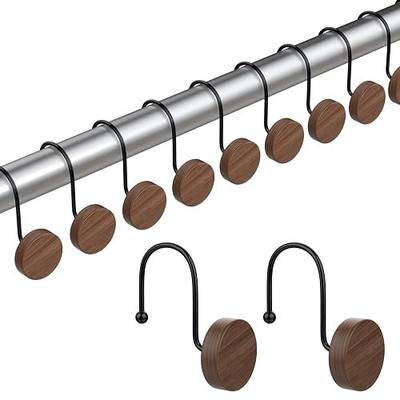 Shower Curtain Hooks, Decorative Shower Curtain Rings for Shower Curtain, Imitation Wood Grain Resin Shower Curtain Hangers, 12PCS Waterptoof Shower Hooks for Bathroom, Bedroom, Plant Hanger (Black)