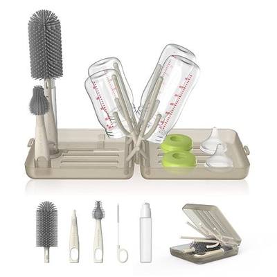 YOTIME Travel Bottle Brush Set, Auto-Open Rack & Vertical Brushs Drying Slots, 3 Brushes, Foldable Drying Rack, Dispenser, Travel Baby Essentials for On-The-Go Parents, Transparent Coffee