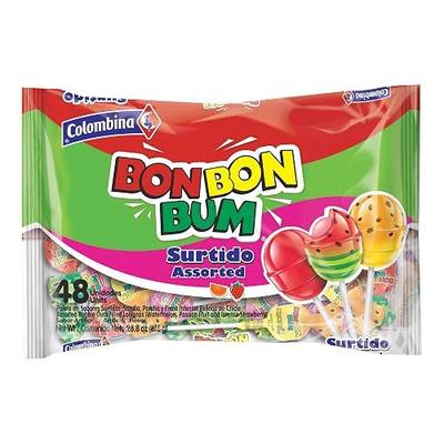 Colombina Bon Bon Bum Assorted Lollipops Fruit Hard Candy, Individually Wrapped Sweet Fruit Pops, 48 Count (Pack of 1)