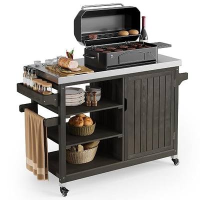 YITAHOME XL Solid Wood Outdoor Grill Cart Storage Cabinet with Stainless Steel Table Top and Spice Rack, 53.74’’ L x 20.27’’ W Patio Bar Cart, Outdoor Kitchen with Lockable Wheels, Single Door Brown