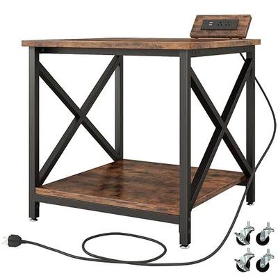 METYERRY Large Printer Stand with Power Outlet, with Storage Shelf, 2 Tier Rolling Printer Cart with Industrial Wheels, 23.6 x 23.6 Inches Printer Table for Home Office,Rustic Brown