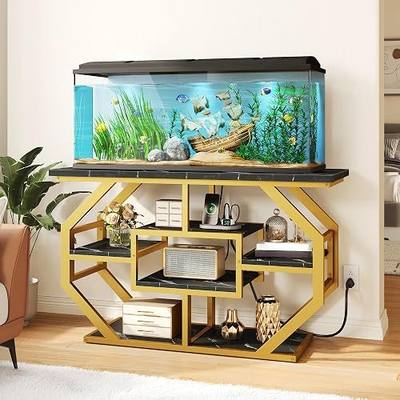 DWVO 55-75 Gallon Aquarium Stand with Power Outlet,Black & Gold | Display Stand for Turtle Tank , Reptile Terrarium, Metal Fish Tank Stand Suitable for Living Room, Entryway, 860LBS Capacity