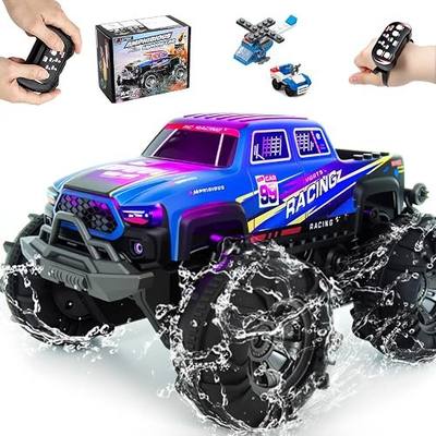 Amphibious Remote Control Car, Monster Trucks for Boys Age 4-7, Monster Truck Toys W/Blocks & 360°Spin, 4WD All-Terrain Off-Road RC Cars with 2 Batteries 100 min, 2.4GHz Pool Toy Gift for Kids