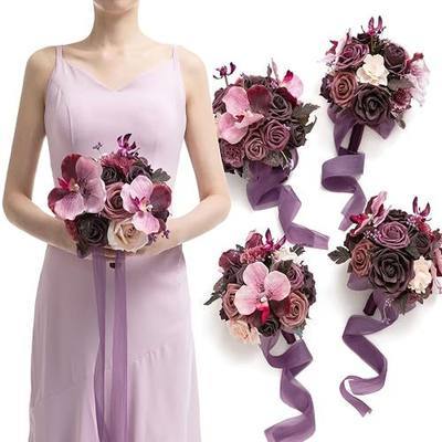 Ling's moment Artificial Flowers Deep Plum Bridesmaid Bouquet 4 Pcs | Purple Wedding Flowers, 7 Inch Bridal Bouquets, For Bridesmaids